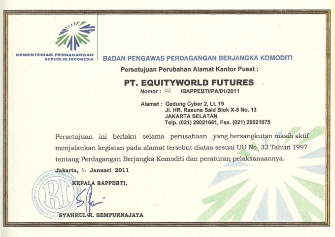 EQUITYWORLD FUTURES LEGALITAS Sertifikat Persetujuan Perubahan Alamat PT.EWF Pusat_001 - Copy